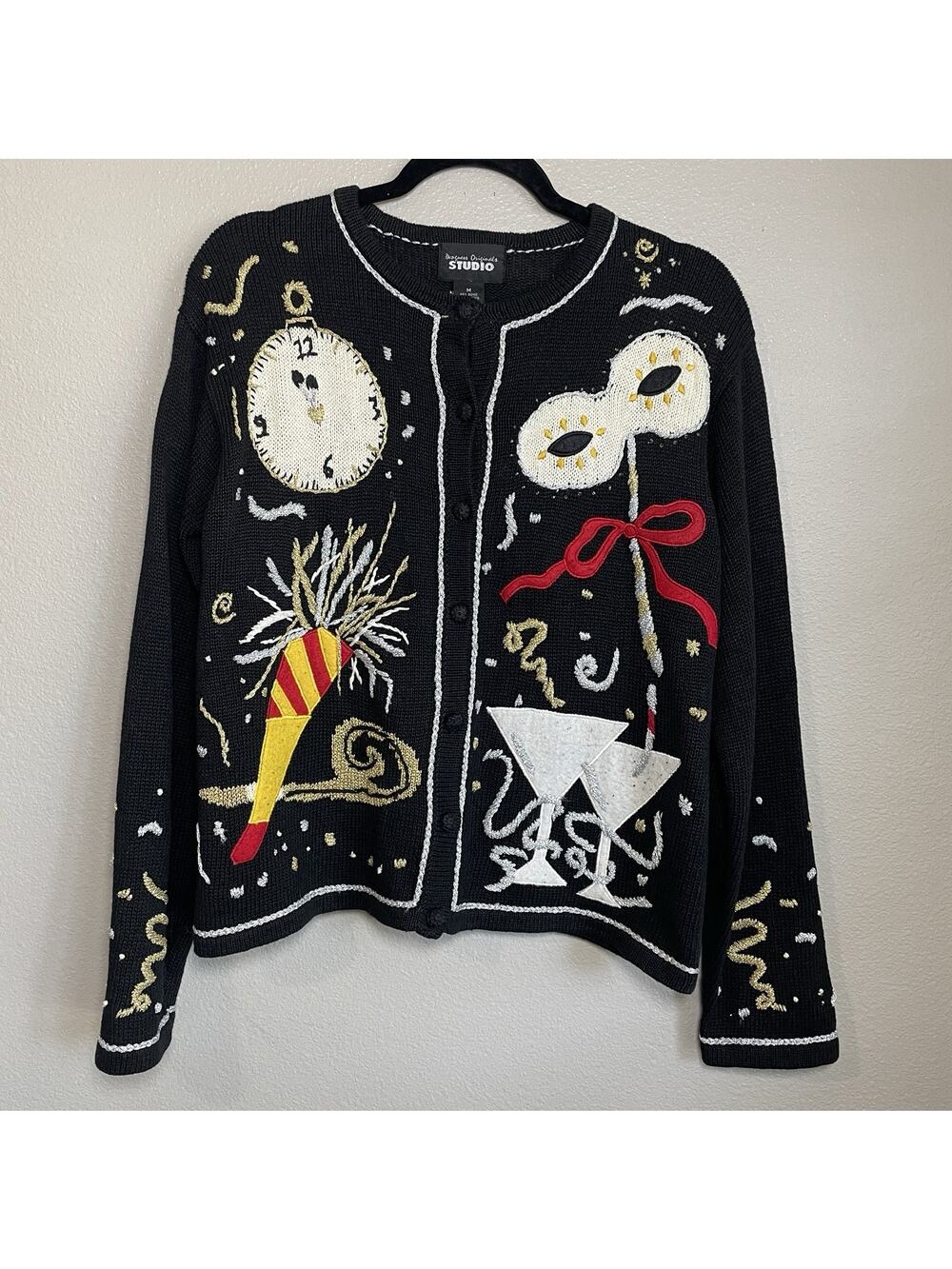 New Years Party Ugly Holiday Sweater Sz M Embellished Design Originals Black